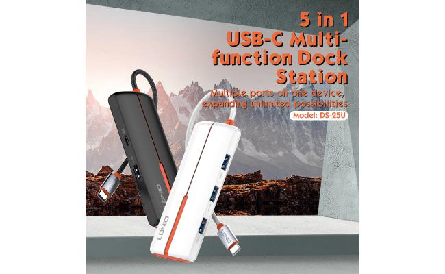 LDNIO DS-25U Laptop Docking Stations and Power Adapters Industrial USB C 3.0 HUB for Macbook 5 in 1 Port USB Hub - Black